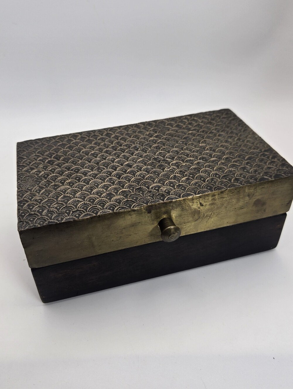 Brass tone and wood trinket box